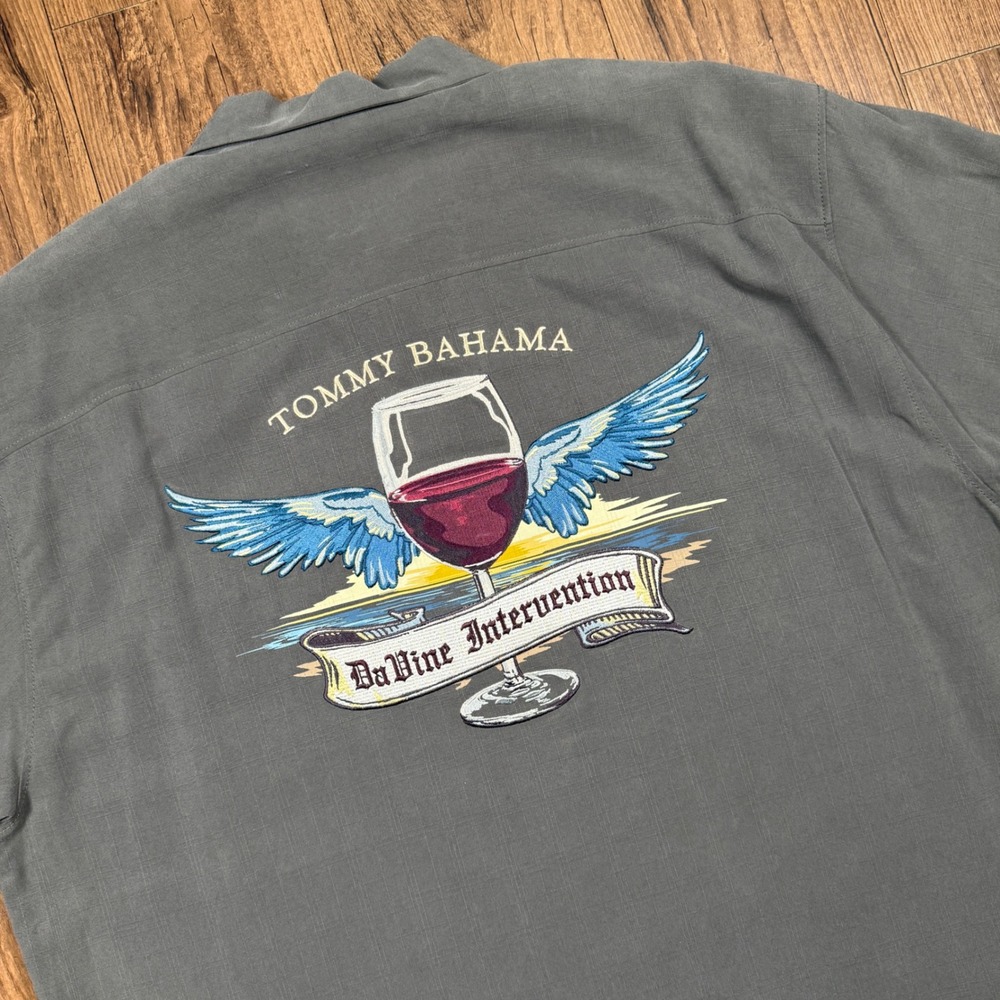 Tommy Bahama DaVine Intervention Silk Camp Shirt Mens L Gray Wine Wings Resort